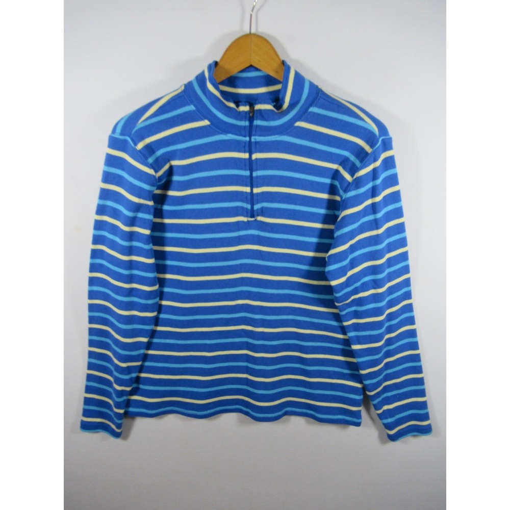 LL Bean 1/4 Zip Ribbed Sweater Women Large Blue Stripe Cotton Mockneck
